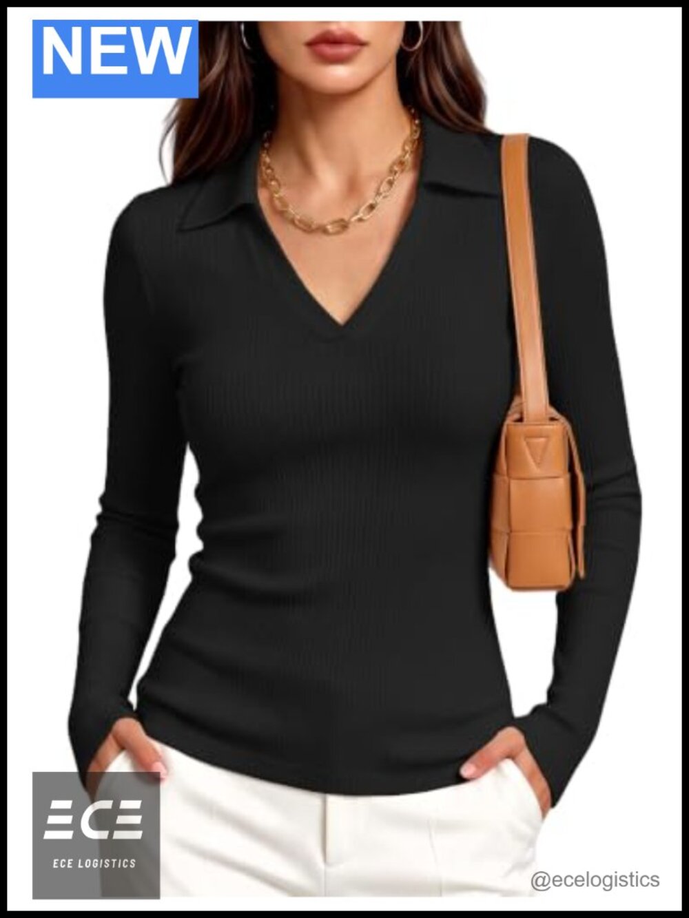 Womens Long Sleeve V-Neck Slim Fit Polo Shirt Business Casual Fall Top